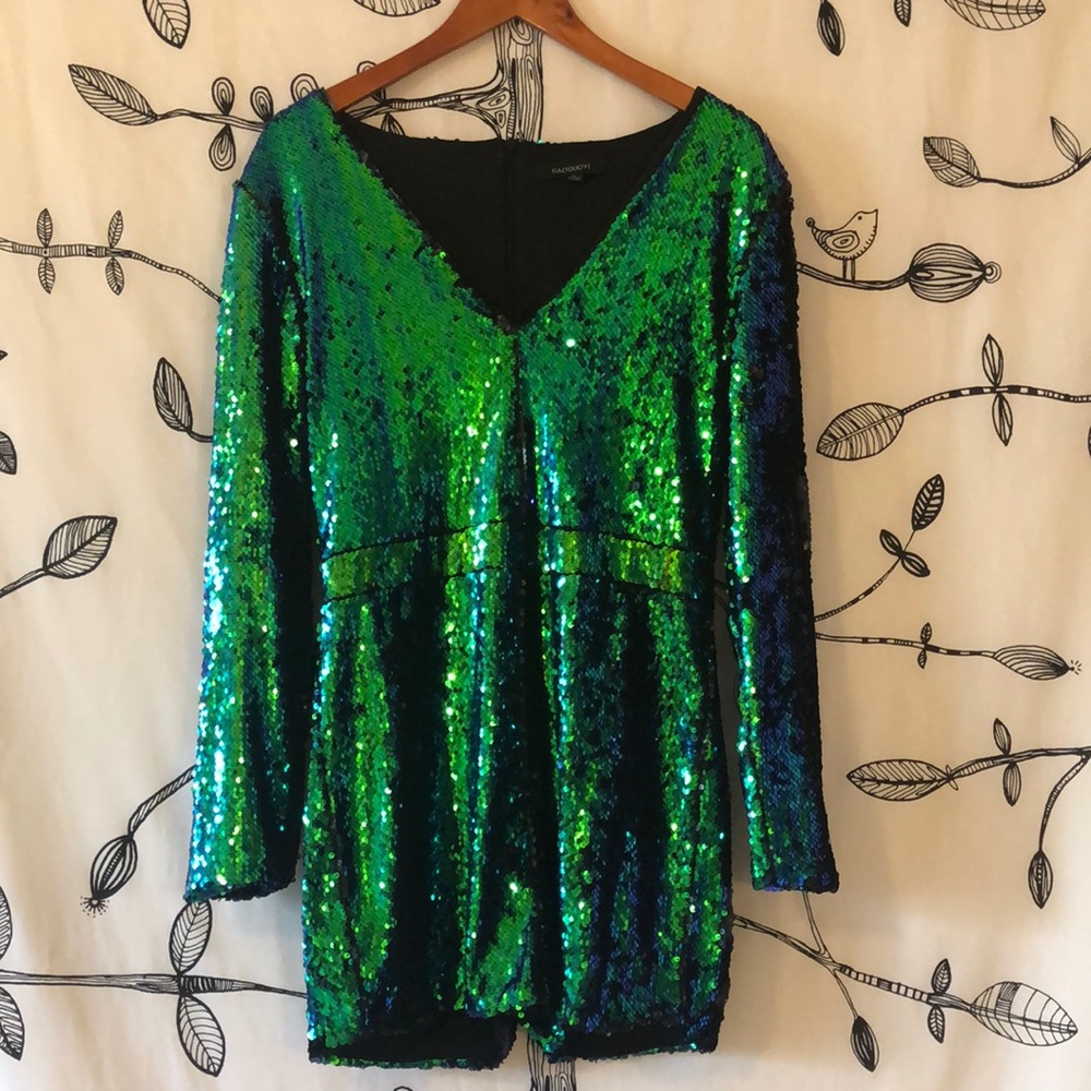 V Neck Long Sleeve Romper with Reversible Blue/Green/Black Sequins!!